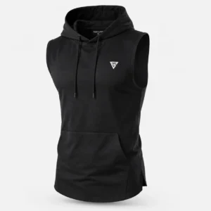 Mens sleeveless workout hoodie for gym and weightlifting
